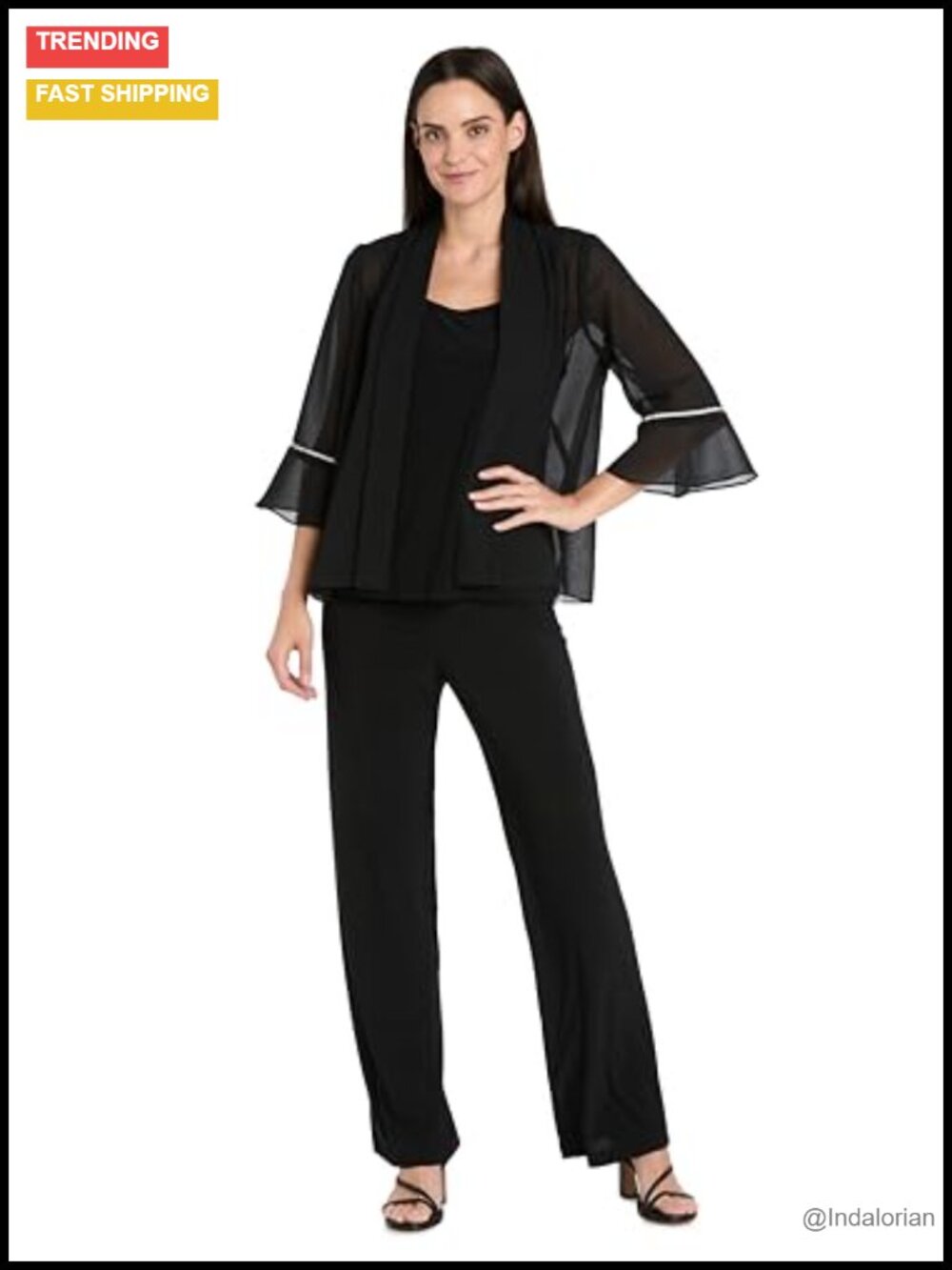 Sheer Georgette Cardigan Jacket with Rhinestone Trim & Ruffle Bell Sleeves